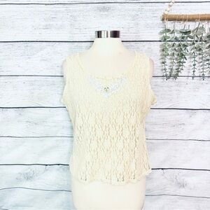 Vintage Cream Ivory Lace Tank Top Lacy Afternoon by Shell Kepler Cottagecore XL